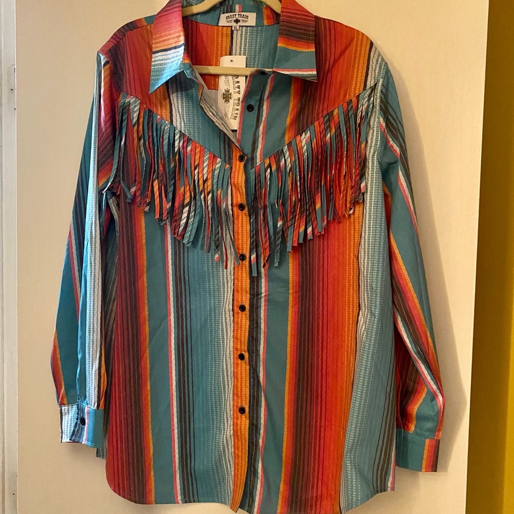 Crazy Train Western wear Fringe Button up Top XL